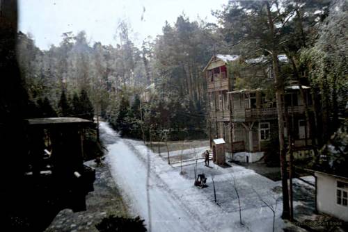 Główna aleja na terenie Sanatorium Kardiologicznego w czasie II wojny światowej, w głębi widoczna Willa Duża (Łabędziówka)